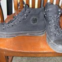 Brad Deniston Collection of Chucks  Inside patch and front views of monochrome black high tops.
