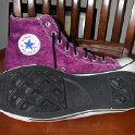 Brad Deniston Collection of Chucks  Purple satin high tops, inside patch and sole views.