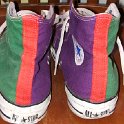 Brad Deniston Collection of Chucks  Rear view of green, red and purple tricolor high tops.