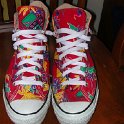 Brad Deniston Collection of Chucks  Front view of tropcial print high tops.
