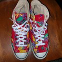 Brad Deniston Collection of Chucks  Top view of tropcial print high tops.