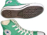 Bright Green HIgh Top Chucks  Inside patch and sole views of a left bright green high top.