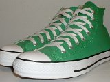 Bright Green HIgh Top Chucks  Angled side view of bright green high tops.
