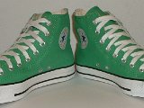 Bright Green HIgh Top Chucks  Angled front view of bright green high tops.