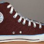 Brown High Top Chucks  Left brown and Carolina blue 2-tone high top, inside patch view.