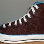Brown High Top Chucks  Left brown and Carolina blue 2-tone high top, outside view.