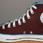 Brown High Top Chucks  Right brown and Carolina blue 2-tone high top, inside patch view.