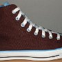 Brown High Top Chucks  Right brown and Carolina blue 2-tone high top, outside view.