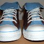 Brown High Top Chucks  Front view of rolled down brown and Carolina blue 2-tone high tops.
