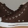 Brown High Top Chucks  Brown and parchment fleece high tops, inside patch views.