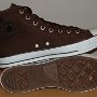 Brown High Top Chucks  Brown and parchment fleece high tops, inside patch and sole views.