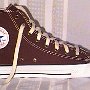 Brown High Top Chucks  Inside patch view of a left made in USA chocolate brown high top.