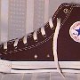 Brown High Top Chucks  Inside patch view of a right made in USA chocolate brown high top.