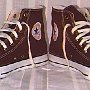 Brown High Top Chucks  Angled front view of made in USA chocolate brown high top chucks.