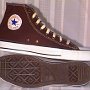 Brown High Top Chucks  Inside patch and sole views of made in USA chocolate brown high top chucks.