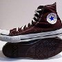 Brown High Top Chucks  Chocolate brown high tops with black felt interior, inside patch and sole views.