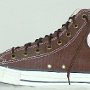 Brown High Top Chucks  Right made in USA chocolate brown high top with brown narrow laces, inside patch view.