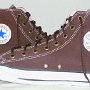 Brown High Top Chucks  Chocolate brown high tops with brown narrow laces, inside patch views.