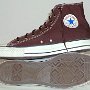 Brown High Top Chucks  Chocolate brown high tops with narrow round brown laces, inside patch and sole views.