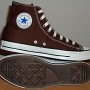 Brown High Top Chucks  Inside patch and sole views of chocolate brown high tops.