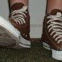 Brown High Top Chucks  Wearing chocolate high tops, front view shot 1.
