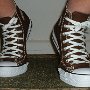 Brown High Top Chucks  Wearing chocolate brown high tops, front view shot 4.