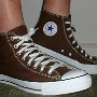 Brown High Top Chucks  Wearing chocolate brown high tops, right side view shot 2.