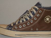 Brown and Navy Blue Double Upper High Top Chucks  Inside patch view of a right brown and navy blue double upper high top.