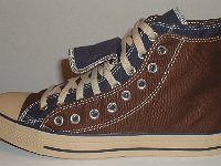 Brown and Navy Blue Double Upper High Top Chucks  Outside view of a left brown and navy blue double upper high top.