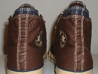 Brown and Navy Blue Double Upper High Top Chucks  Rear view of brown and navy blue double upper high tops.