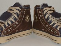 Brown and Navy Blue Double Upper High Top Chucks  Angled front view of brown and navy blue double upper high tops.