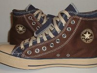 Brown and Navy Blue Double Upper High Top Chucks  Inside patch views of brown and navy blue double upper high tops.
