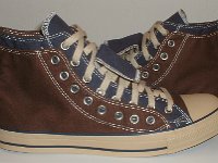 Brown and Navy Blue Double Upper High Top Chucks  Outside views of brown and navy blue double upper high tops.