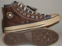 Brown and Navy Blue Double Upper High Top Chucks  Inside patch and sole views of brown and navy blue double upper high tops.