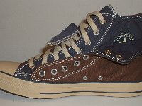 Brown and Navy Blue Double Upper High Top Chucks  Inside patch view of a right folded down brown and navy blue double upper high top.