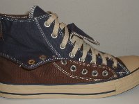 Brown and Navy Blue Double Upper High Top Chucks  Outside view of a right folded down brown and navy blue double upper high top.