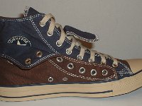 Brown and Navy Blue Double Upper High Top Chucks  Inside patch view of a left folded down brown and navy blue double upper high top.