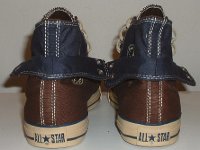 Brown and Navy Blue Double Upper High Top Chucks  Rear view of folded down brown and navy blue double upper high tops.