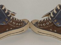 Brown and Navy Blue Double Upper High Top Chucks  Angled rear view of folded down brown and navy blue double upper high tops.