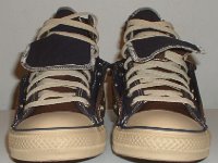 Brown and Navy Blue Double Upper High Top Chucks  Front view of folded down brown and navy blue double upper high tops.
