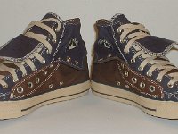 Brown and Navy Blue Double Upper High Top Chucks  Angled front view of folded down brown and navy blue double upper high tops.