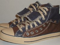 Brown and Navy Blue Double Upper High Top Chucks  Angled side view of folded down brown and navy blue double upper high tops.