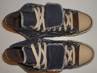 Brown and Navy Blue Double Upper High Top Chucks  Top view of folded down brown and navy blue double upper high tops.
