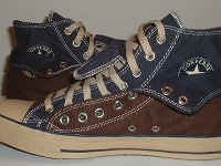 Brown and Navy Blue Double Upper High Top Chucks  Inside patch views of folded down brown and navy blue double upper high tops.
