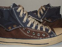 Brown and Navy Blue Double Upper High Top Chucks  Outside views of folded down brown and navy blue double upper high tops.