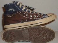 Brown and Navy Blue Double Upper High Top Chucks  Inside patch and sole views of folded down brown and navy blue double upper high tops.