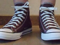Burnt Umber High Top Chucks  Wearing burnt umber high tops, front view 1.