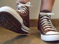 Burnt Umber High Top Chucks  Wearing burnt umber high tops, front view 2.