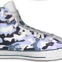 Camouflage Chucks  Inside patch view of a left blue camouflage high top with a white tongue.
