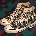 Camouflage Chucks  Brown camouflage high tops, angled side view.